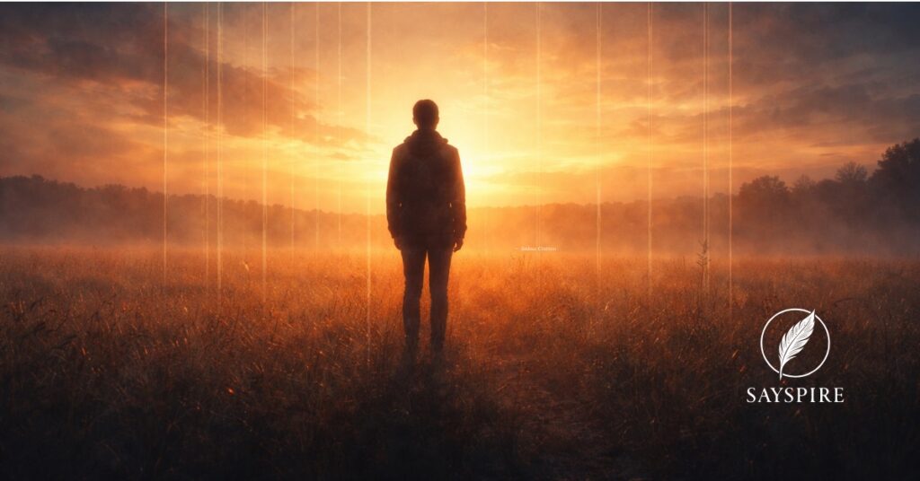 person standing in a field inside an invisible cage at sunrise