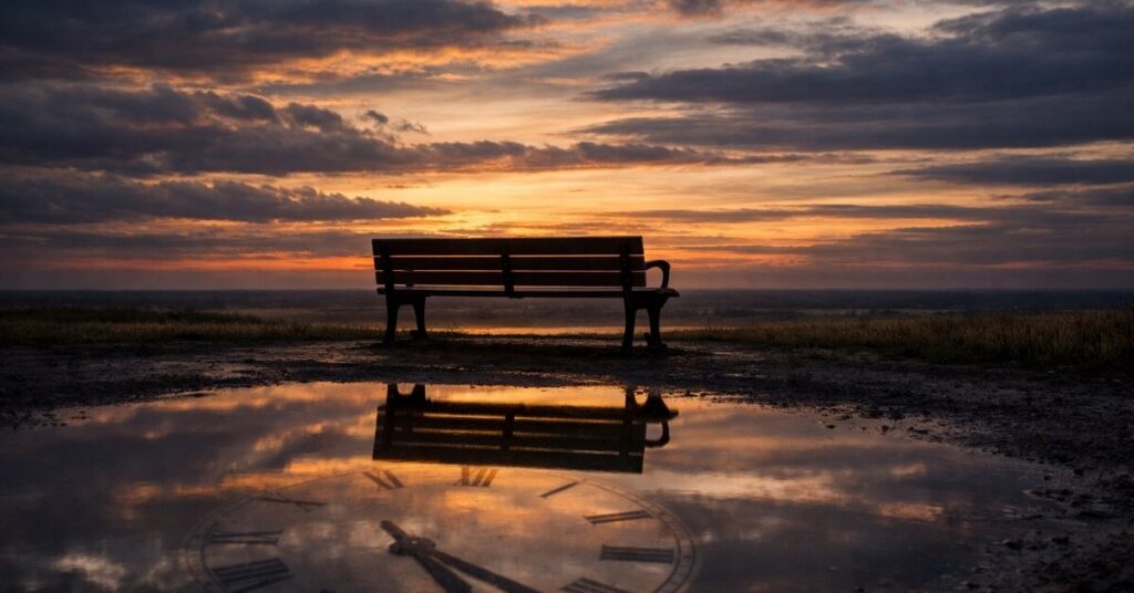A park bench silhouetted against a dramatic sunset reflected in still water. Featured image for the poem A Moment of Moments on Sayspire.