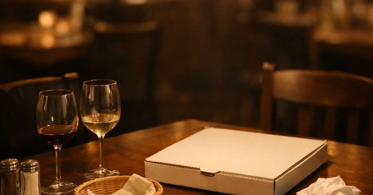 A half-cleared dinner table with two glasses and a closed pizza box. Featured image for the poem Love Ends in Silence on Sayspire.