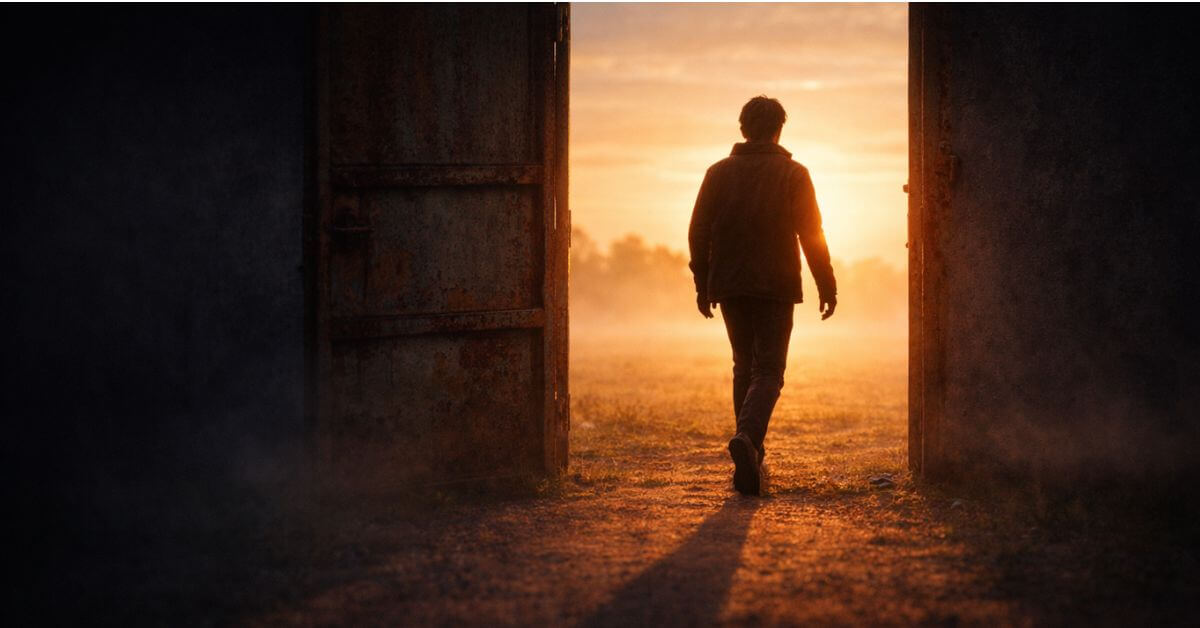 A lone human silhouette mid-stride through a large, heavy door that stands open in an open field or vast empty landscape.