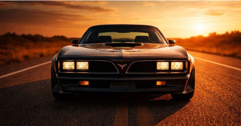 Classic black Pontiac Firebird muscle car on an empty highway at golden hour, headlights glowing, Phoenix emblem catching amber sunset light
