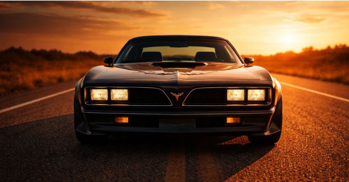 Classic black Pontiac Firebird muscle car on an empty highway at golden hour, headlights glowing, Phoenix emblem catching amber sunset light
