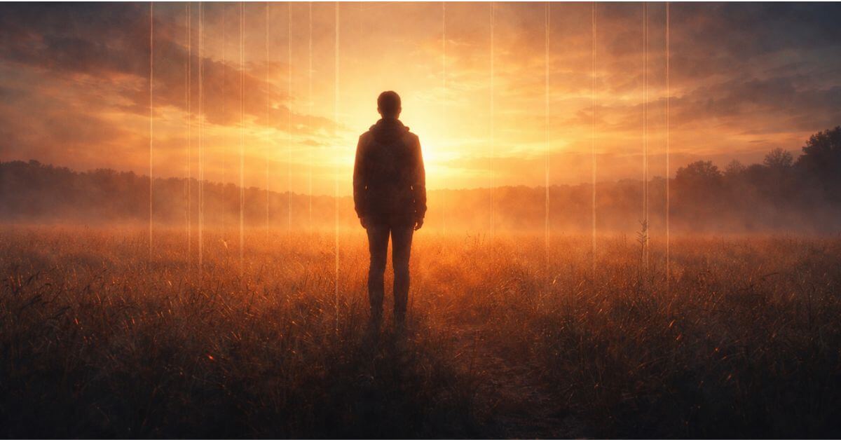 person standing in a field inside an invisible cage at sunrise