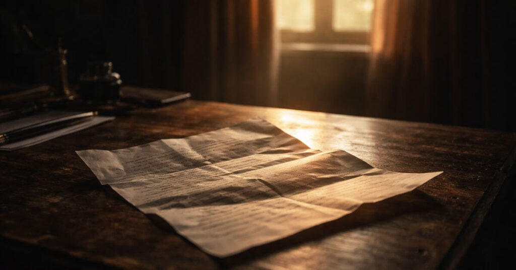 A crumpled letter bathed in warm morning light on a worn wooden desk. Featured image for the poem The Letter to Fear on Sayspire.