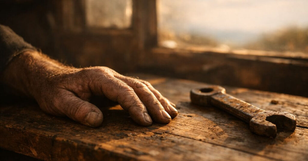 A weathered hand resting on a worn workbench beside a rusted tool in warm afternoon light. Featured image for the poem You'll Never Be Happy Until on Sayspire.