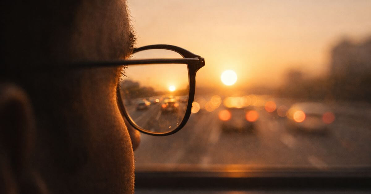 Eyeglasses reflecting a sunrise over morning highway traffic. Featured image for the poem The Promise in the Light on Sayspire.