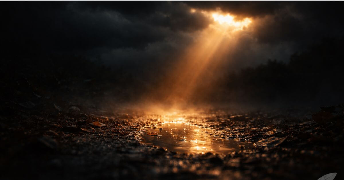 A shaft of warm amber light breaks through heavy storm clouds and reflects off wet ground in darkness. Featured image for the poem When Joy Breaks Through on Sayspire.