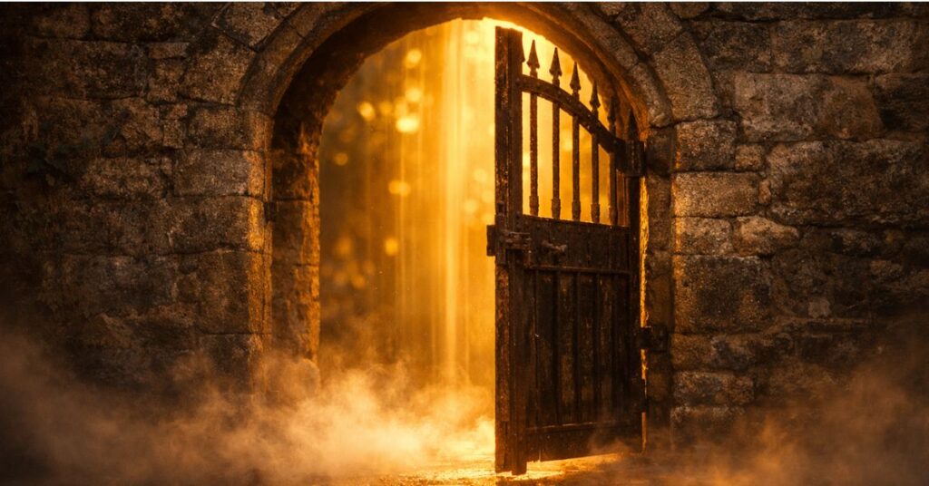 A weathered iron gate set in an ancient stone archway, warm amber light flooding through with atmospheric mist at ground level. From the poem "Beyond the Master's Gate" on Sayspire.com