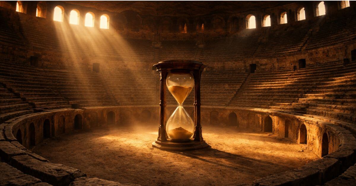 A vast ancient stone coliseum bathed in warm amber light with atmospheric haze and dramatic shadows. From the poem "The Arena of Sloth" on Sayspire.com