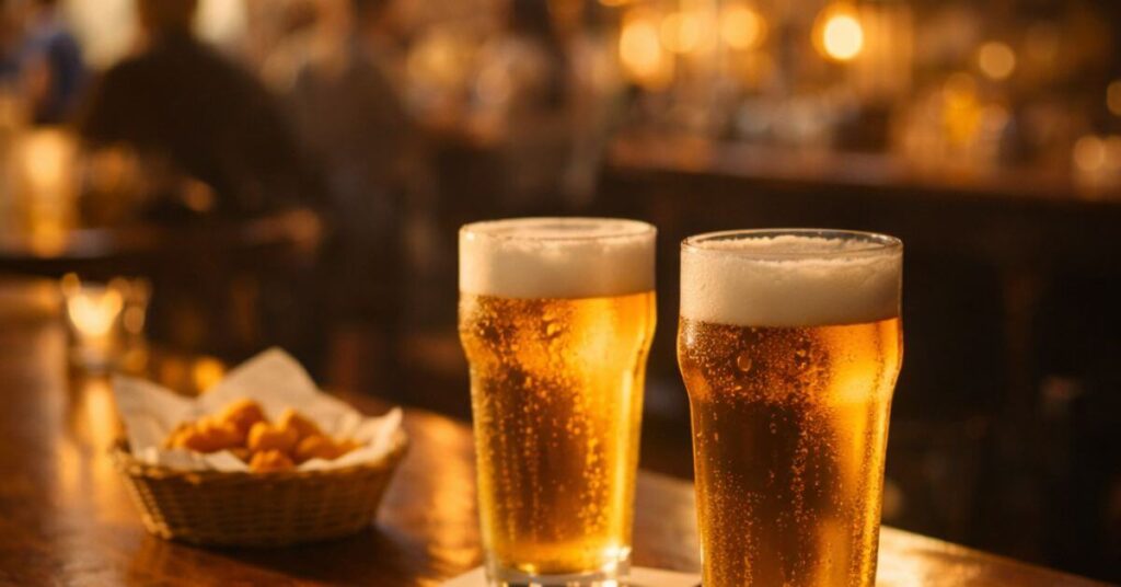 Two cold beers glowing under warm bar lights. Featured image for the poem The Rhythm of Easy Evenings on Sayspire.