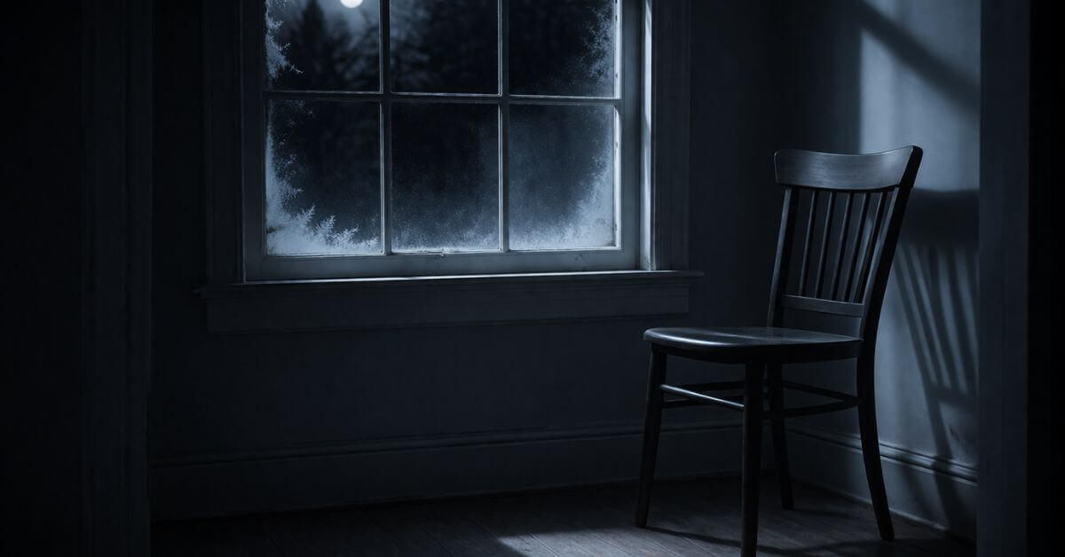 An empty chair beside a frost-covered window in pale moonlight. Featured image for the poem The Stranger Awaits on Sayspire.