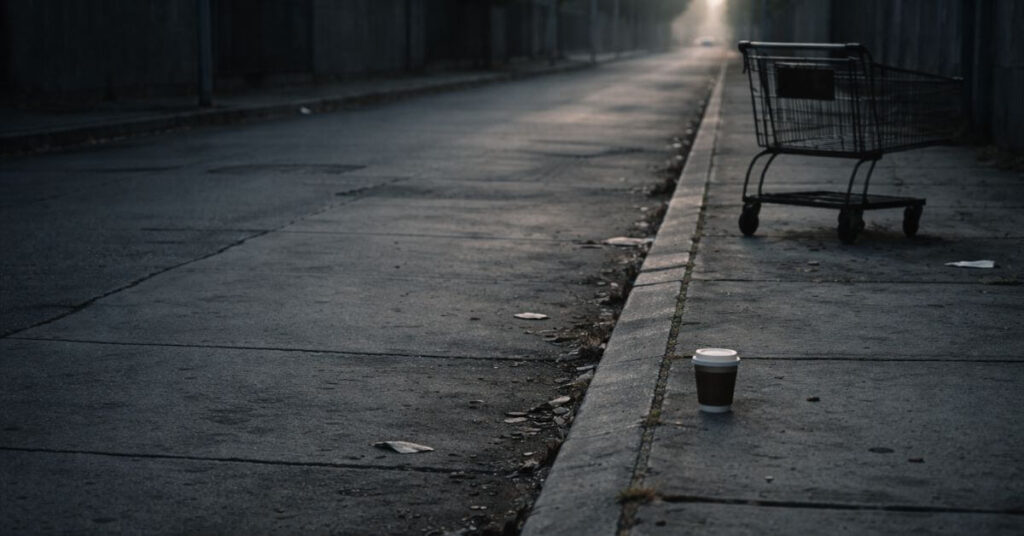 An abandoned shopping cart on a grey concrete sidewalk at dawn. Featured image for the poem The Weight of Living on Sayspire.