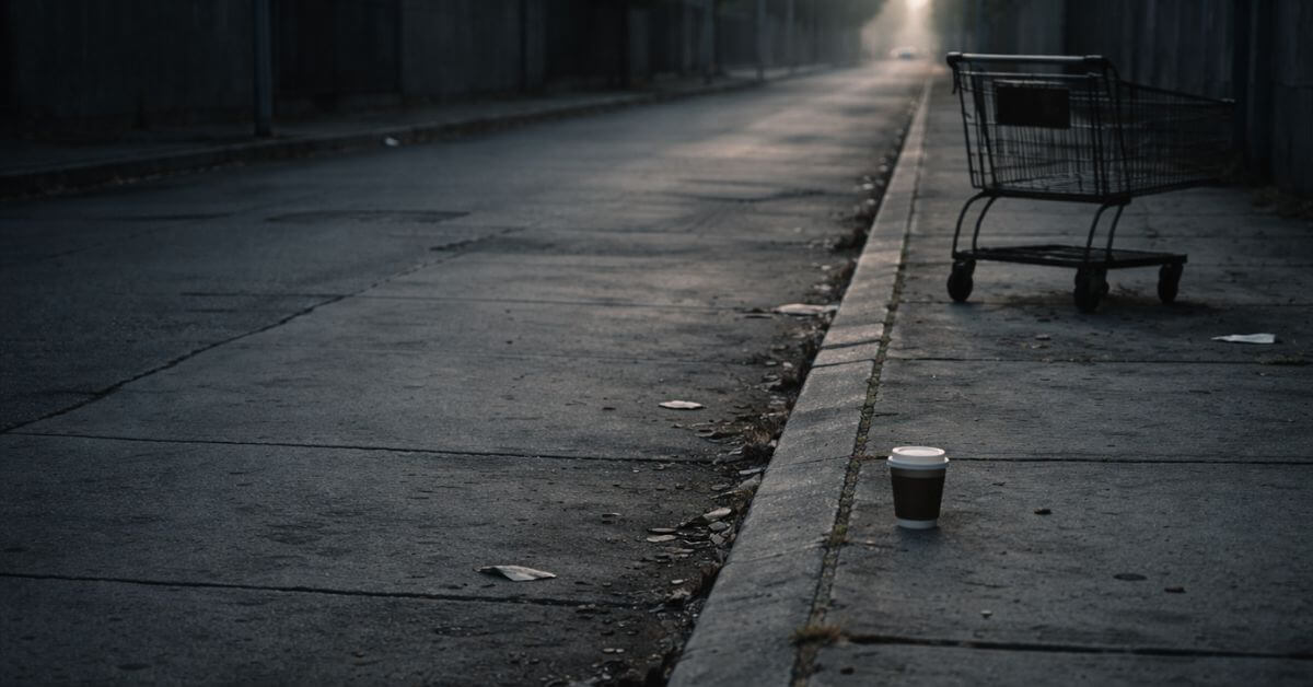 An abandoned shopping cart on a grey concrete sidewalk at dawn. Featured image for the poem The Weight of Living on Sayspire.