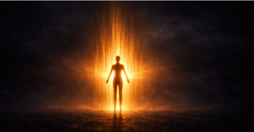 A glowing human silhouette stands in a cosmic dark void with arms open, surrounded by vertical amber light rays. Pull quote from Born of Darkness, a poem at Sayspire.com.