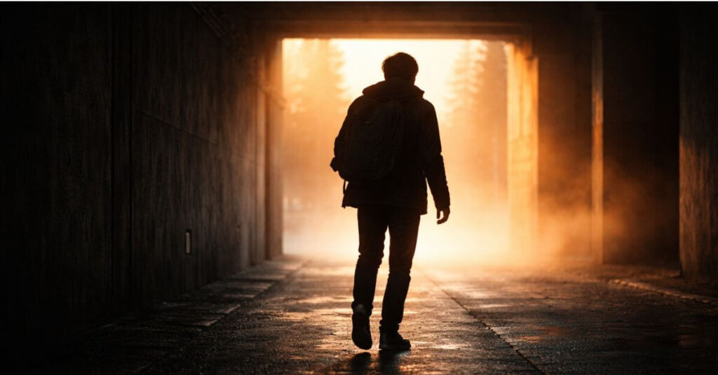 Person silhouetted in a dark tunnel walking toward a warm amber light flooding through the opening ahead