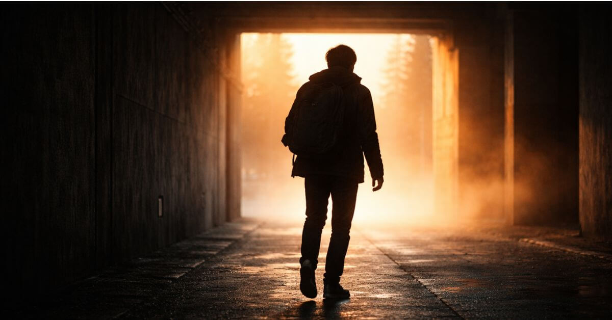 Person silhouetted in a dark tunnel walking toward a warm amber light flooding through the opening ahead