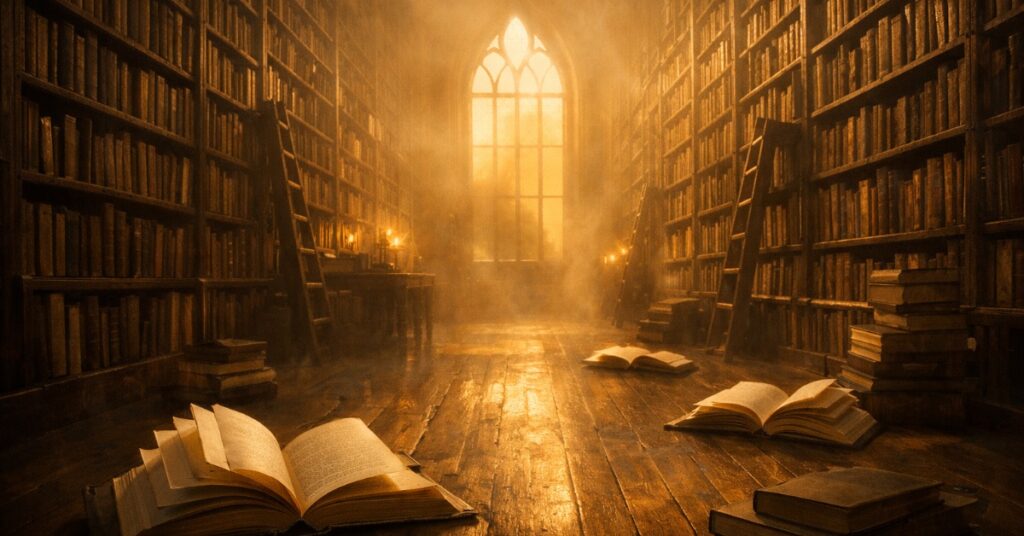 A vast amber-lit library with towering shelves disappearing into golden mist. Featured image for the poem In the Library of Living on Sayspire.