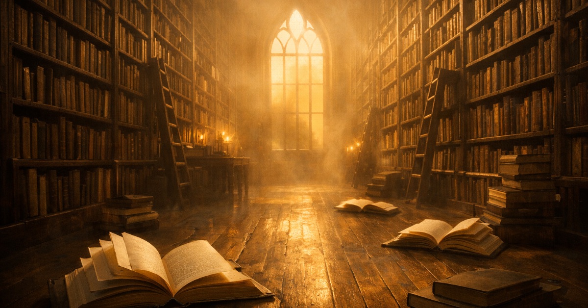 A vast amber-lit library with towering shelves disappearing into golden mist. Featured image for the poem In the Library of Living on Sayspire.