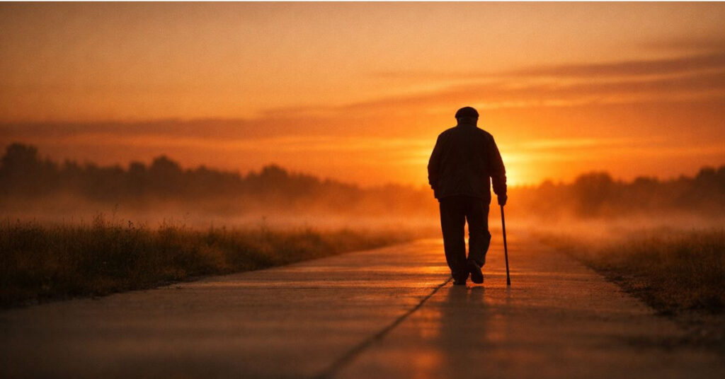Elderly man with a cane walking alone on a misty road toward a glowing amber sunrise