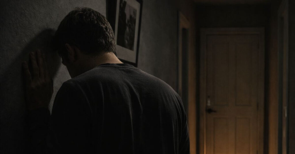 A man leaning against a dark hallway wall, facing a closed door with warm light beneath it. Featured image for the poem The Drawbridge Between Us on Sayspire.