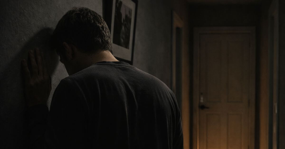 A man leaning against a dark hallway wall, facing a closed door with warm light beneath it. Featured image for the poem The Drawbridge Between Us on Sayspire.