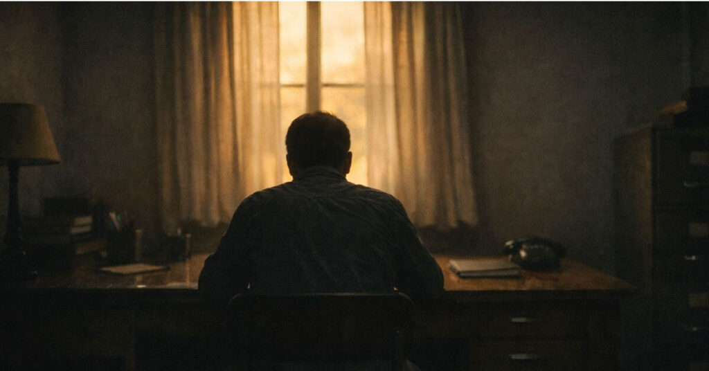 Man seated alone at a desk in a dim room, facing a glowing amber window