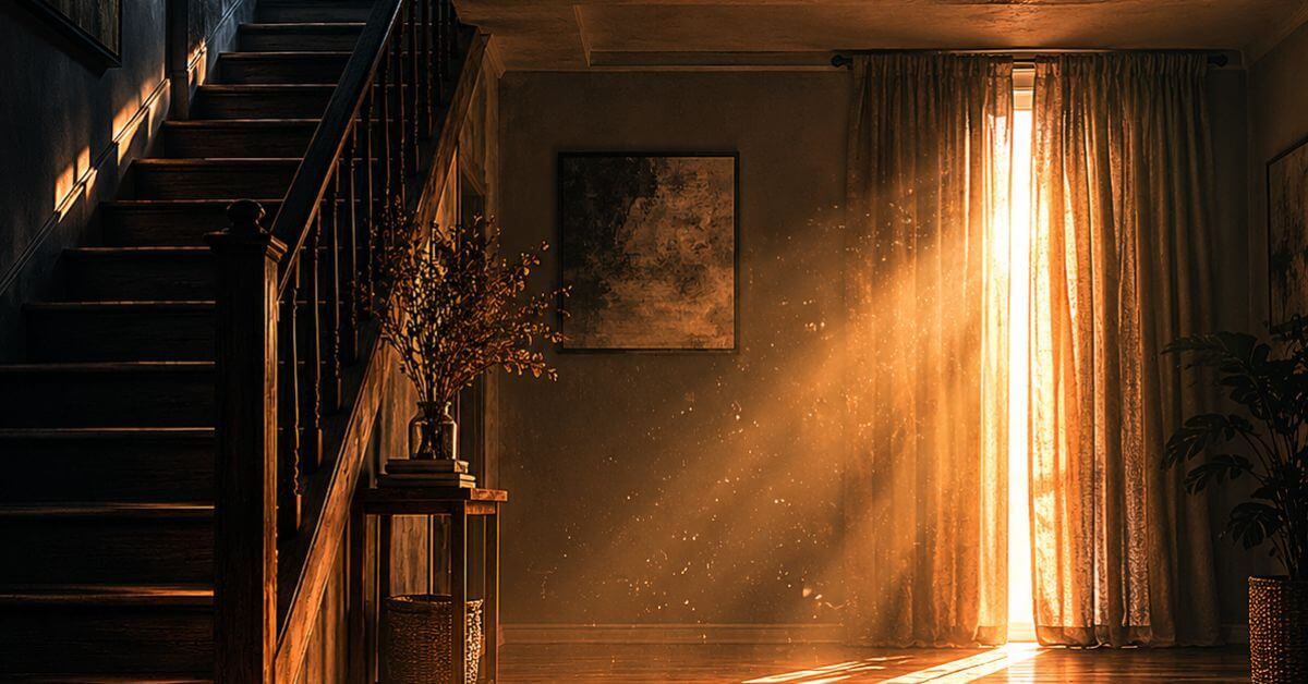 A narrow beam of warm amber light crossing a shadowed interior floor; featured image for the poem At Last, Becoming on Sayspire.