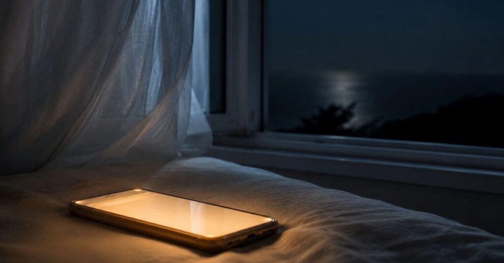 A phone glowing softly in silver moonlight by a window; featured image for the poem Moonlight's Silver Hush on Sayspire.