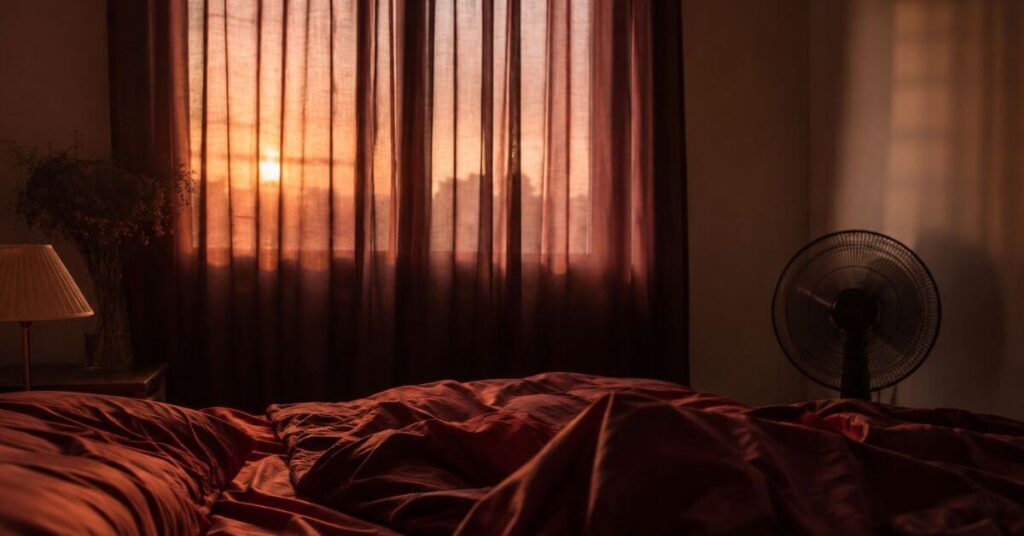 A dimly lit bedroom at dawn, red sheets, sheer curtains glowing with morning light, and a floor fan in the corner; featured image for the poem The Whisper That Lingers on Sayspire.​​​​​​​​​​​​​​​​