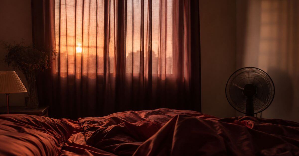 A dimly lit bedroom at dawn, red sheets, sheer curtains glowing with morning light, and a floor fan in the corner; featured image for the poem The Whisper That Lingers on Sayspire.​​​​​​​​​​​​​​​​