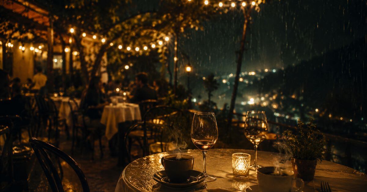 A rain-soaked restaurant patio glowing with string lights at night, featured image for the poem When Rain Keeps Time on Sayspire.