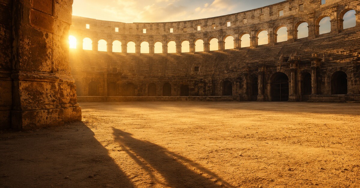 An empty coliseum at dawn with a long shadow cast across the golden arena floor. Featured image for the poem In Self-Doubt’s Coliseum on Sayspire.