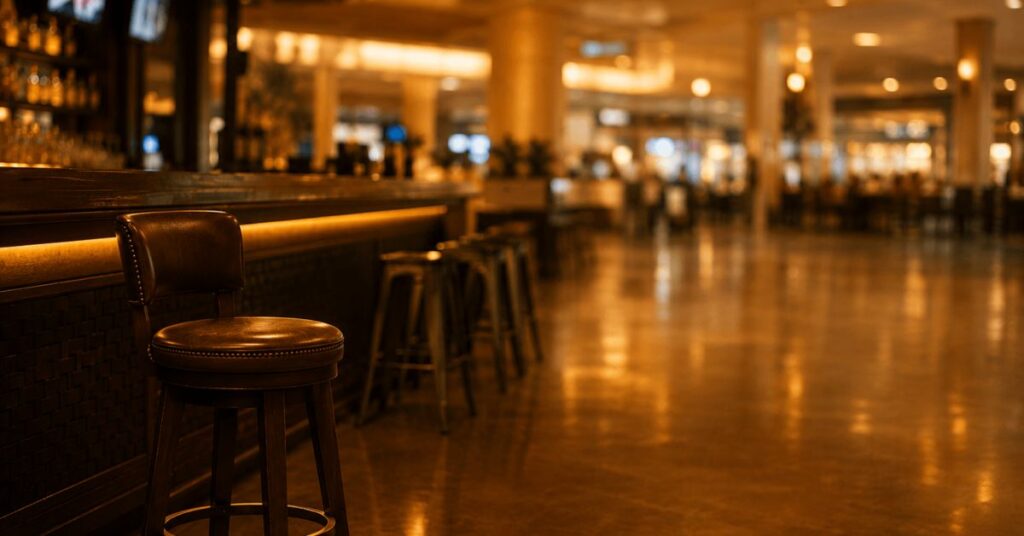 Empty barstool at a mall bar, warm amber concourse behind. Featured image for Fluorescent in a Fabricated World on Sayspire.