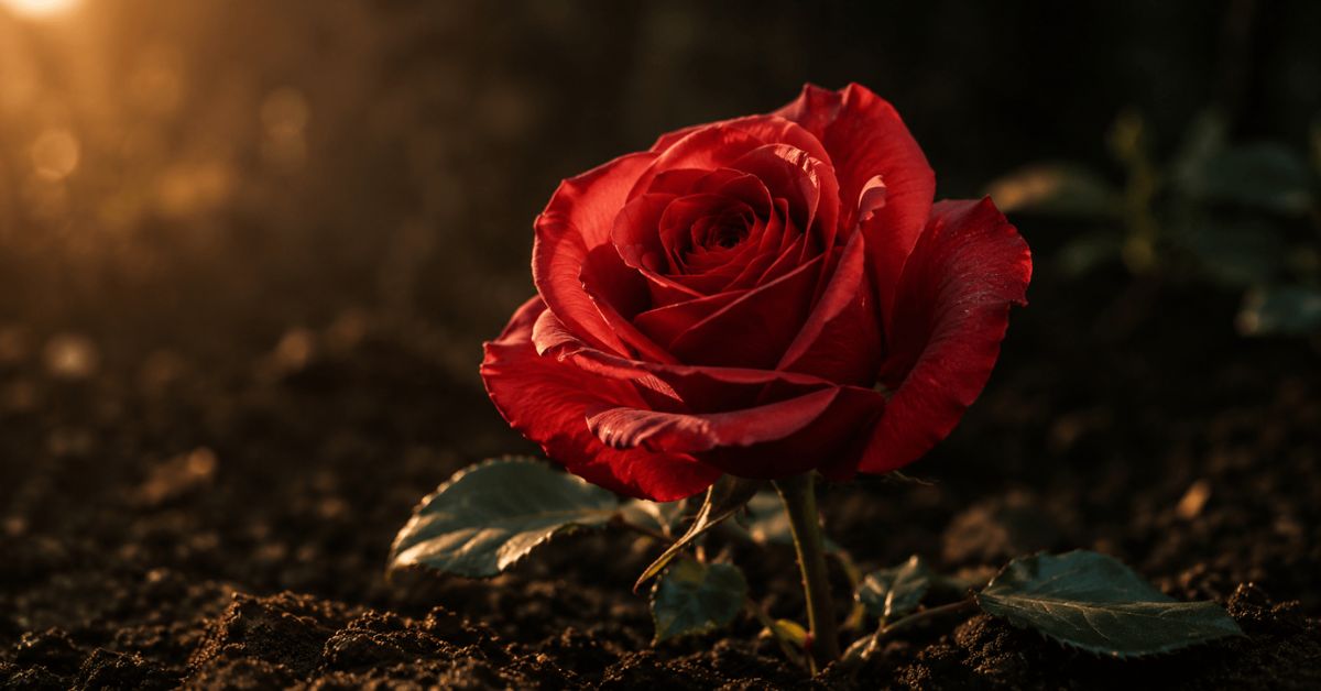 A single red rose rising from dark soil in warm amber light. Featured image for the poem A Rose in the Garden of My Life on Sayspire.