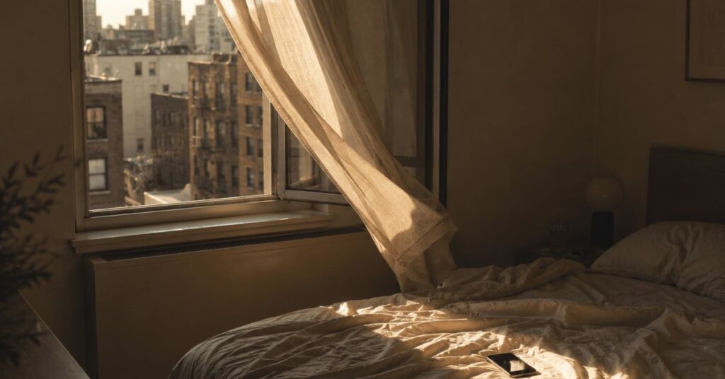A shaft of afternoon sunlight through a parted curtain falling across an unmade bed with a glowing phone. Featured image for the poem Beyond the Paycheck on Sayspire.
