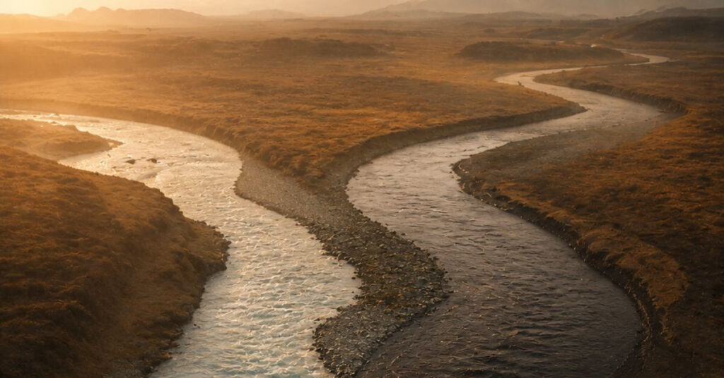 Two rivers, one pale and one dark, merging into one current. Featured image for the poem The Doors of Forever on Sayspire.