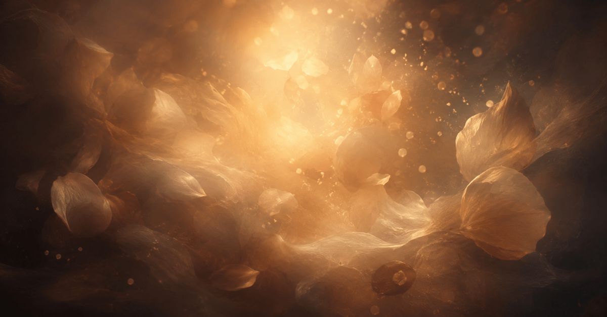 Translucent petals drifting in warm amber light. Featured image for the poem When I Try to Describe You on Sayspire.