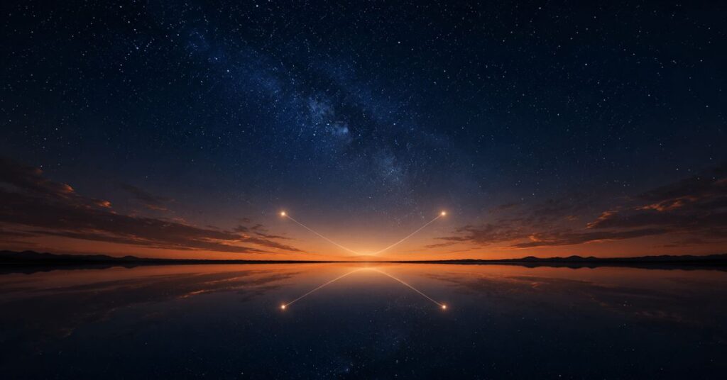 Two distant stars drawn together over a mirrored horizon, a poem about being born for each other by Joshua Cintron.