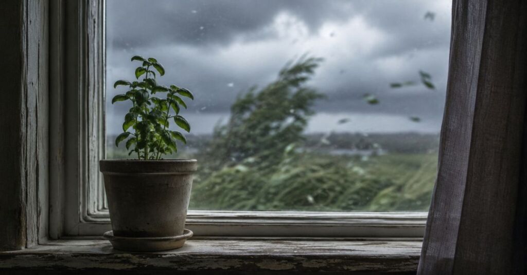 Potted herb steady on a windowsill against a storm, a poem about commitment and trust in love by Joshua Cintron.