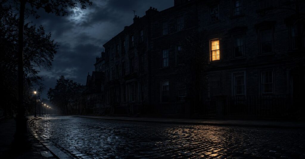 A single warmly lit window glowing on an otherwise dark night street | featured image for A Home for My Soul on Sayspire.