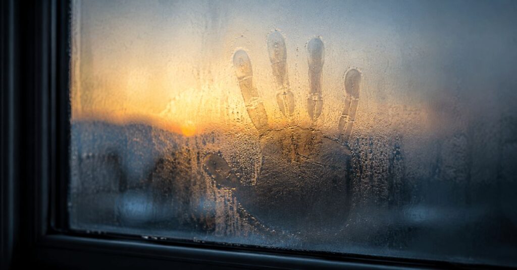 A handprint cleared into a fogged window, edges catching fading gold light | featured image for A Wordless Truth on Sayspire.