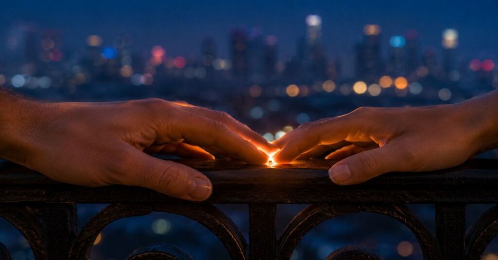 Two hands nearly touching on a railing, warm light sparking between them, an electric kiss poem by Joshua Cintron