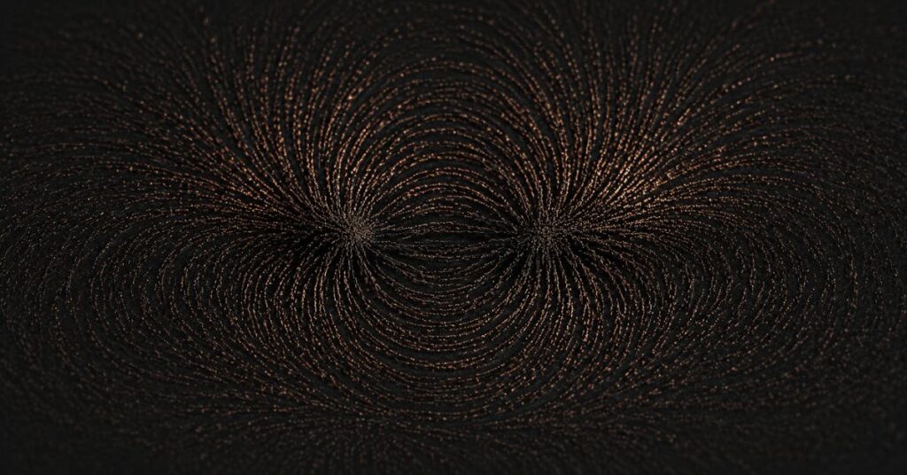 Dark iron filings curved into lines around an invisible magnetic source | featured image for An Unbreakable Pull on Sayspire.