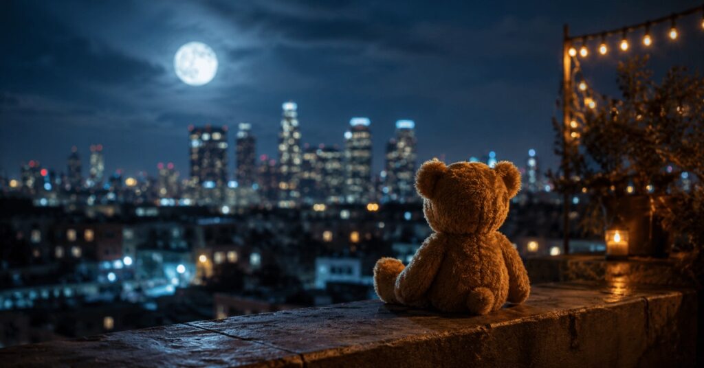 A worn teddy bear on a rooftop ledge above downtown LA, poem about the night I met my wife by Joshua Cintron.