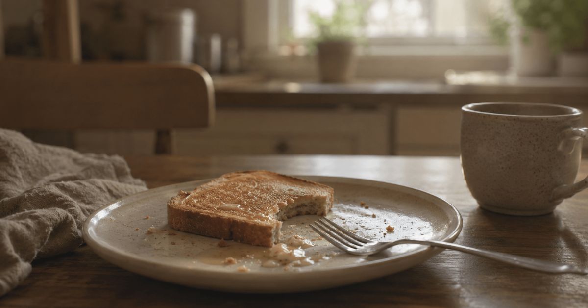 A half-eaten piece of toast with a fork set down mid-bite on a kitchen table | featured image for Consumed on Sayspire.