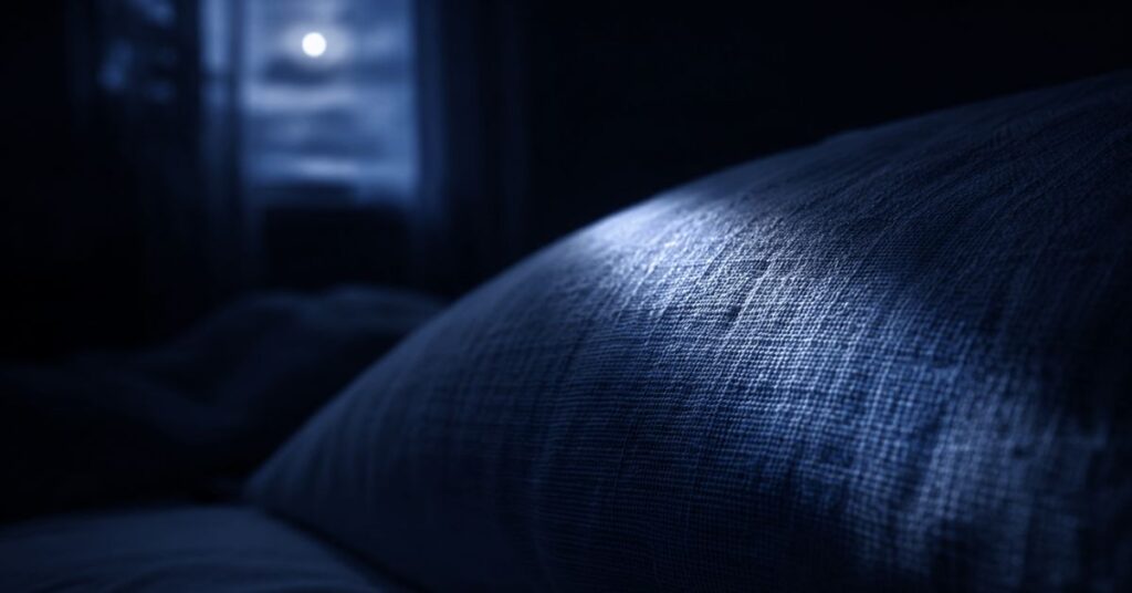 Pale moonlight on a linen pillow's weave as the room fades to shadow | featured image for Defying the Dark on Sayspire.
