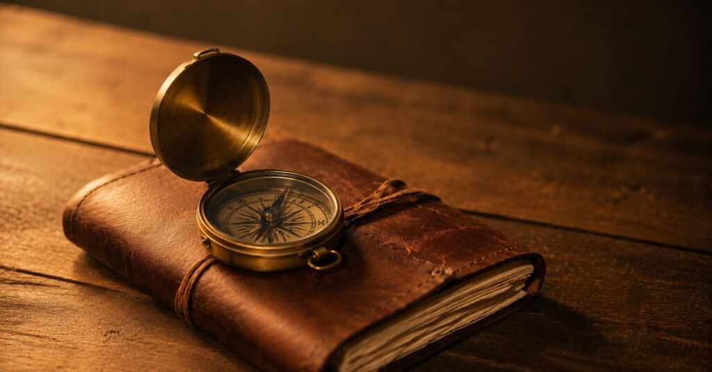 A compass and journal rest still in warm lamplight on a writing desk, a took a lifetime to find you poem by Joshua Cintron.