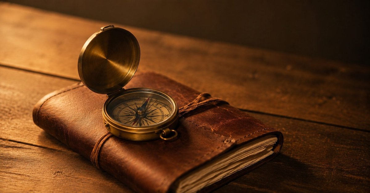 A compass and journal rest still in warm lamplight on a writing desk, a took a lifetime to find you poem by Joshua Cintron.