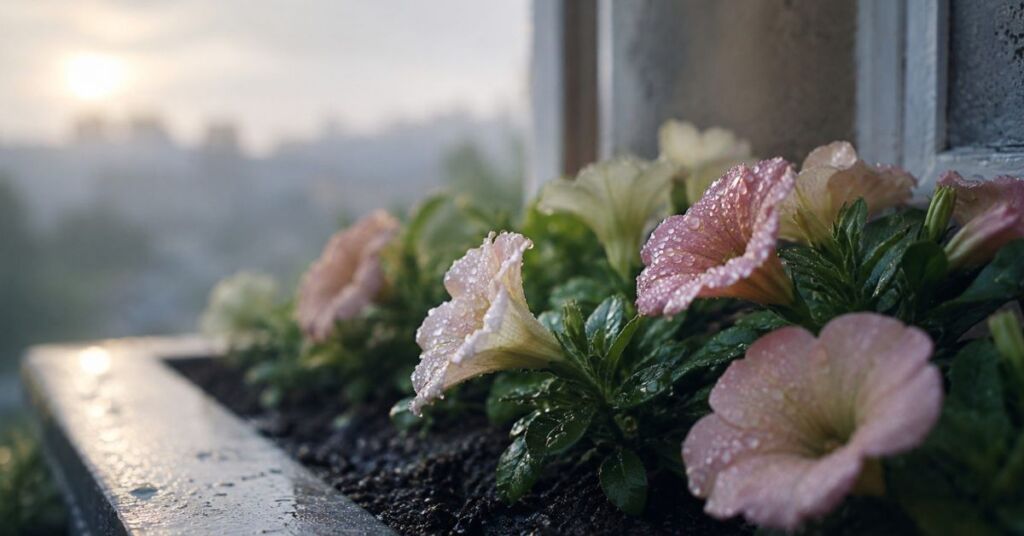 Petunias beaded with rain, pink and cream in a sunrise windowsill box, love poem by Joshua Cintron