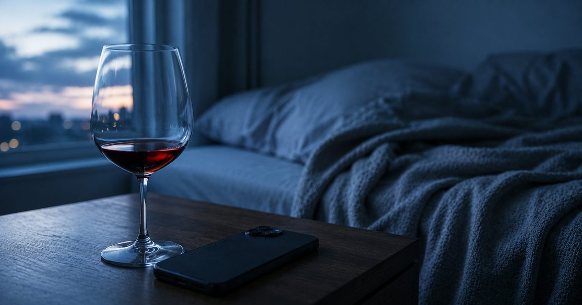 A glass of wine glowing warm against a cool blue-hour bedroom, phone dark beside it | featured image for Loving You Through Everything on Sayspire.